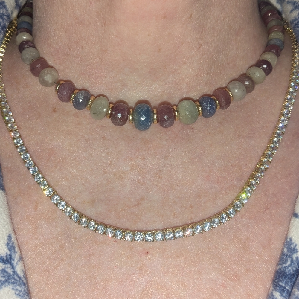 14k/10k Yellow Gold Multi-colored Sapphire Gemstone Beaded Necklace